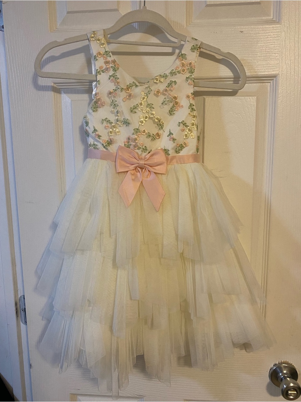 American Princess White Dress with Pink Floral Embroidery and Satin Bow